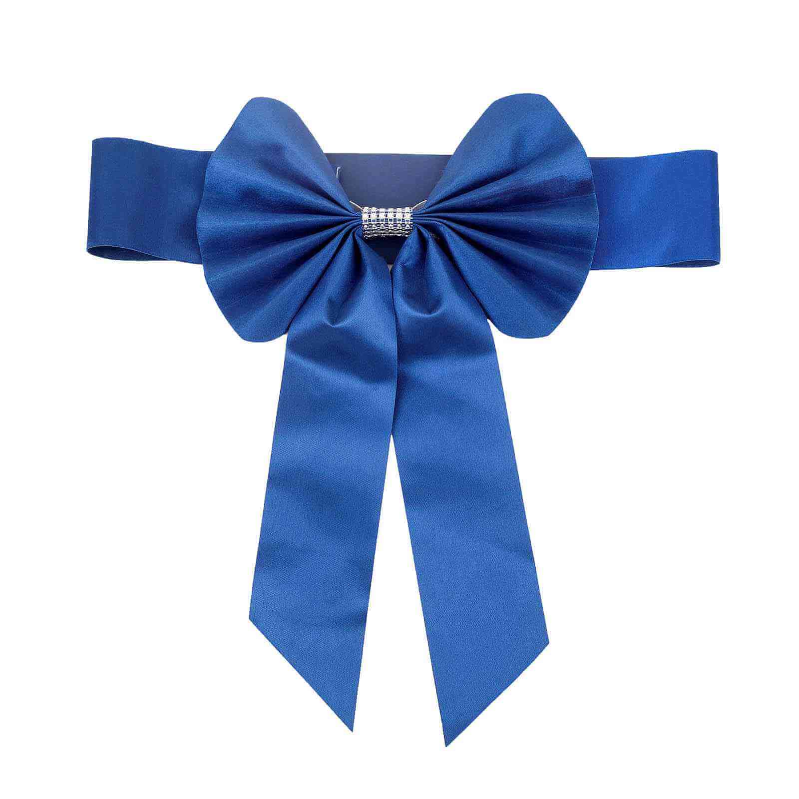 5 Pack Satin Faux Leather Chair Sashes Royal Blue - Durable Double Sided Pre - tied Bow Tie Chair Bands with Diamond Rhinestone Buckles - Linen Luxes