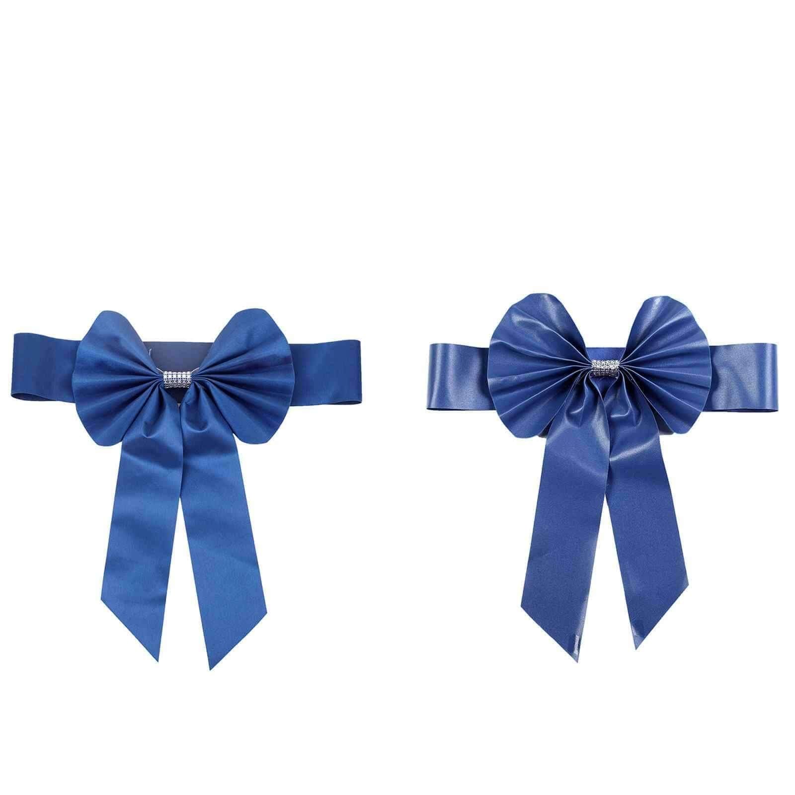 5 Pack Satin Faux Leather Chair Sashes Royal Blue - Durable Double Sided Pre - tied Bow Tie Chair Bands with Diamond Rhinestone Buckles - Linen Luxes