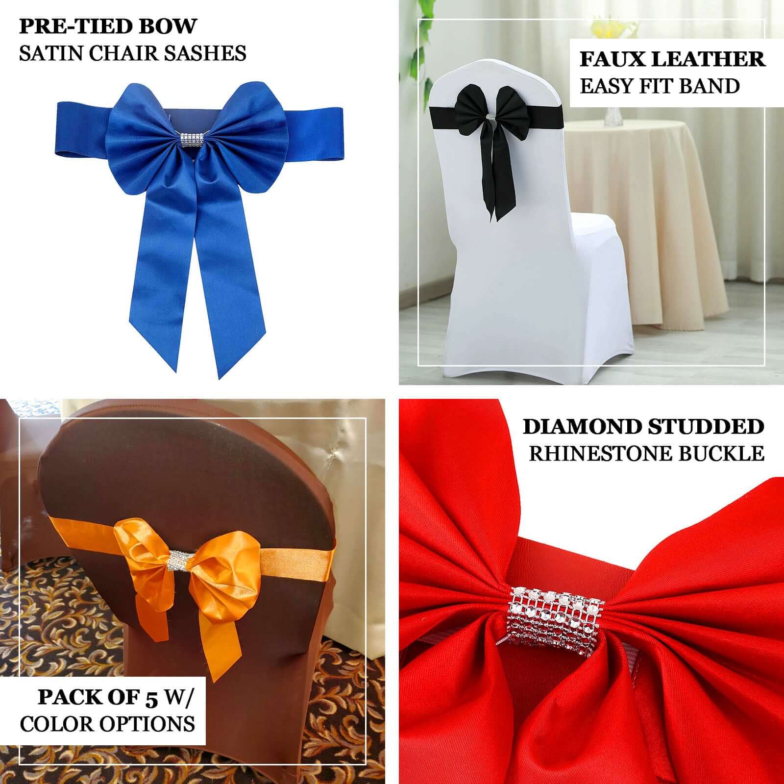 5 Pack Satin Faux Leather Chair Sashes Royal Blue - Durable Double Sided Pre - tied Bow Tie Chair Bands with Diamond Rhinestone Buckles - Linen Luxes
