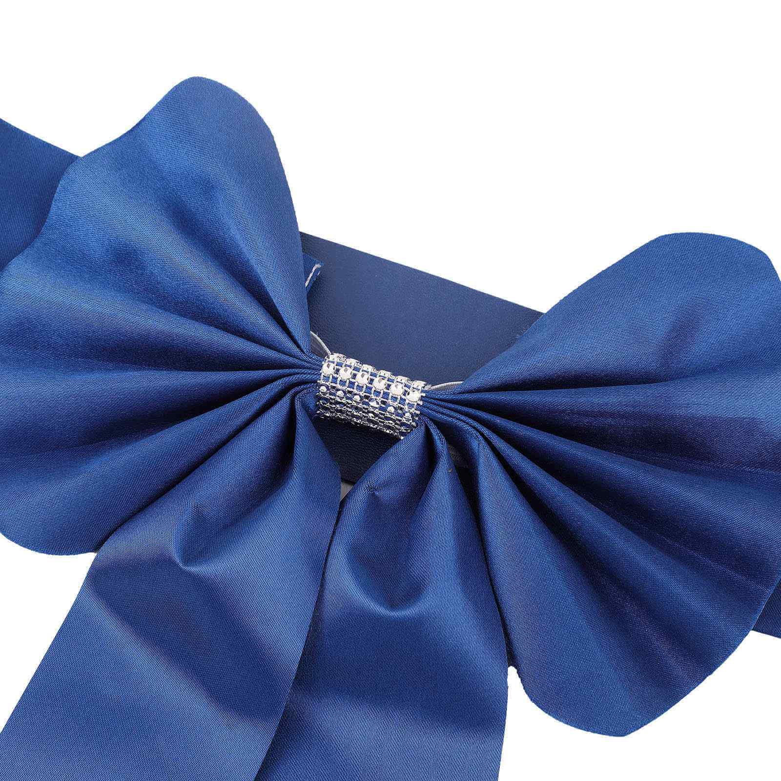 5 Pack Satin Faux Leather Chair Sashes Royal Blue - Durable Double Sided Pre - tied Bow Tie Chair Bands with Diamond Rhinestone Buckles - Linen Luxes
