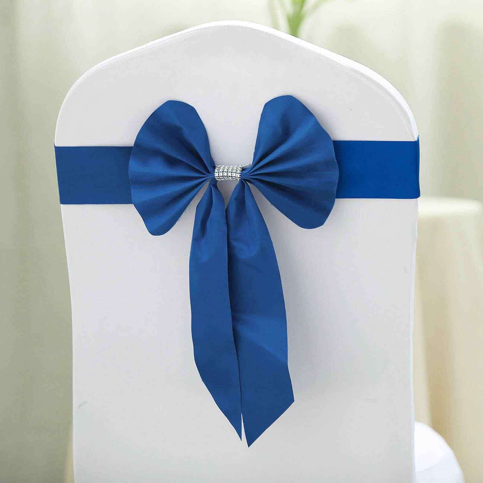5 Pack Satin Faux Leather Chair Sashes Royal Blue - Durable Double Sided Pre - tied Bow Tie Chair Bands with Diamond Rhinestone Buckles - Linen Luxes