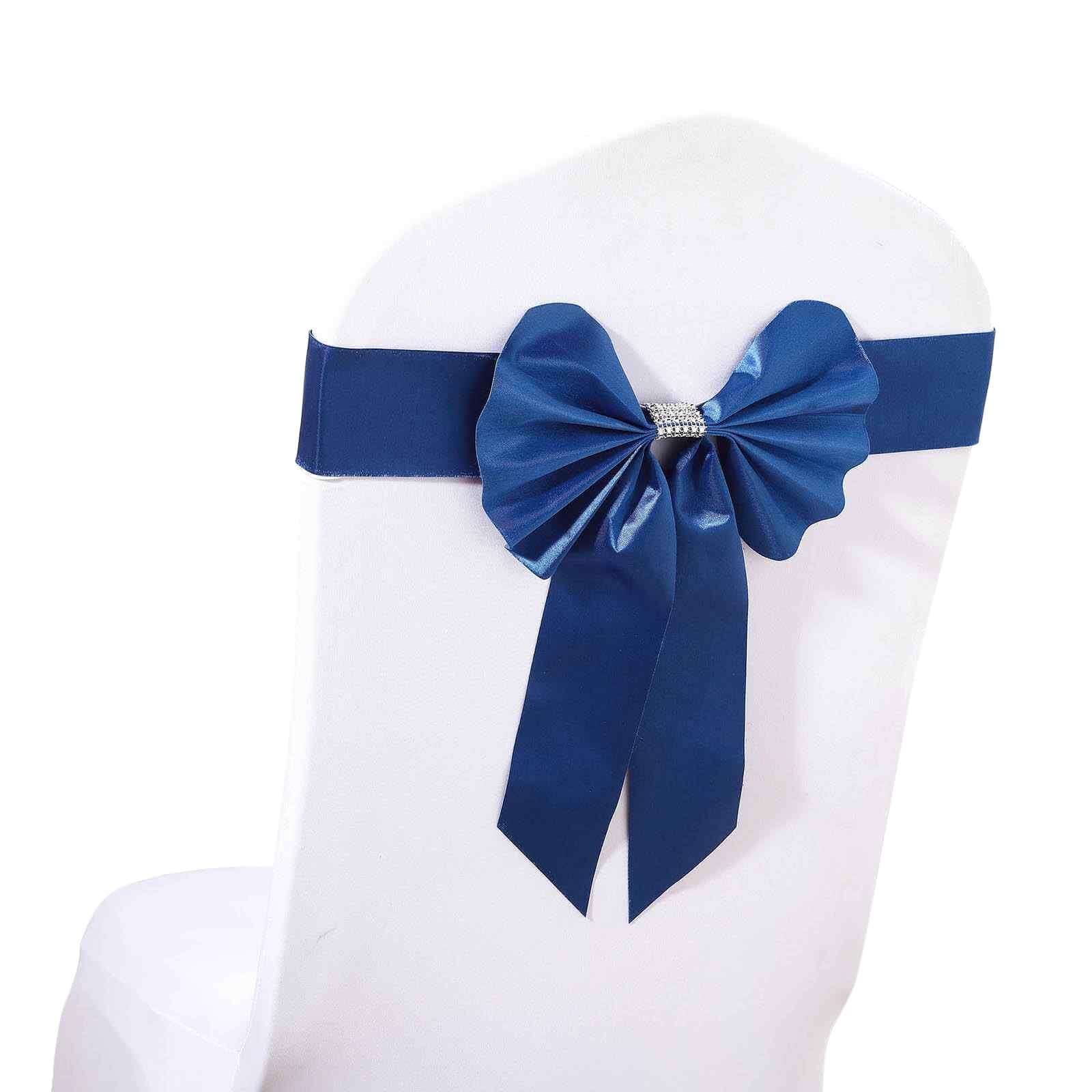 5 Pack Satin Faux Leather Chair Sashes Royal Blue - Durable Double Sided Pre - tied Bow Tie Chair Bands with Diamond Rhinestone Buckles - Linen Luxes