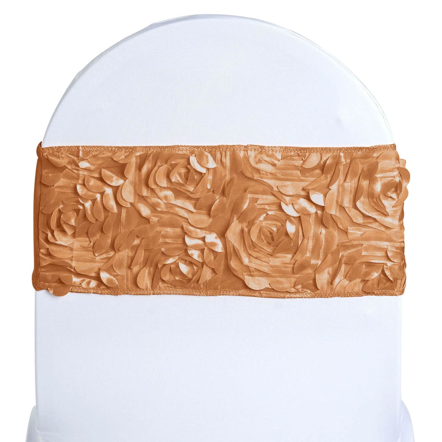 5 Pack Satin Spandex Chair Sashes Gold - Rosette Design Stretch Chair Bands 6"x14" - Linen Luxes
