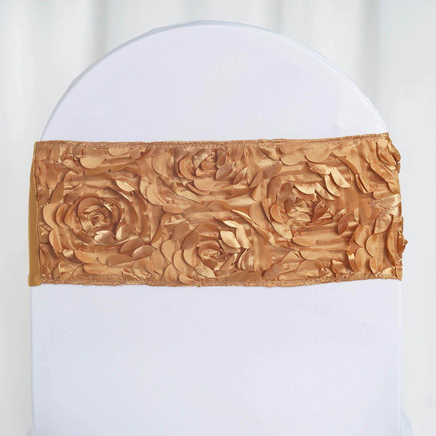 5 Pack Satin Spandex Chair Sashes Gold - Rosette Design Stretch Chair Bands 6"x14" - Linen Luxes