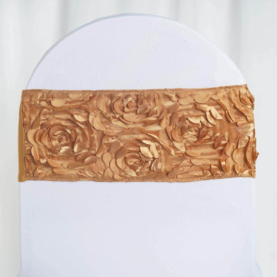 5 Pack Satin Spandex Chair Sashes Gold - Rosette Design Stretch Chair Bands 6"x14" - Linen Luxes
