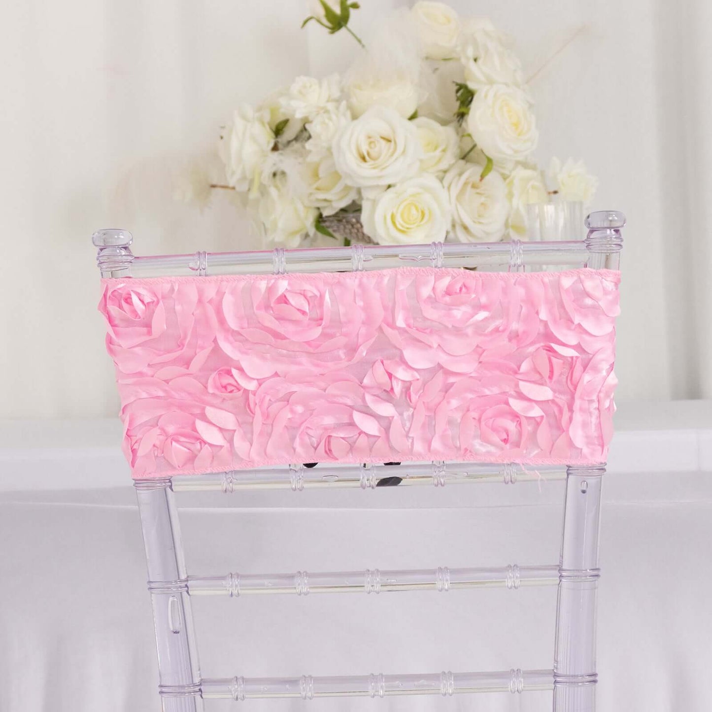 5 Pack Satin Spandex Chair Sashes Pink - Rosette Design Stretch Chair Bands 6"x14" - Linen Luxes