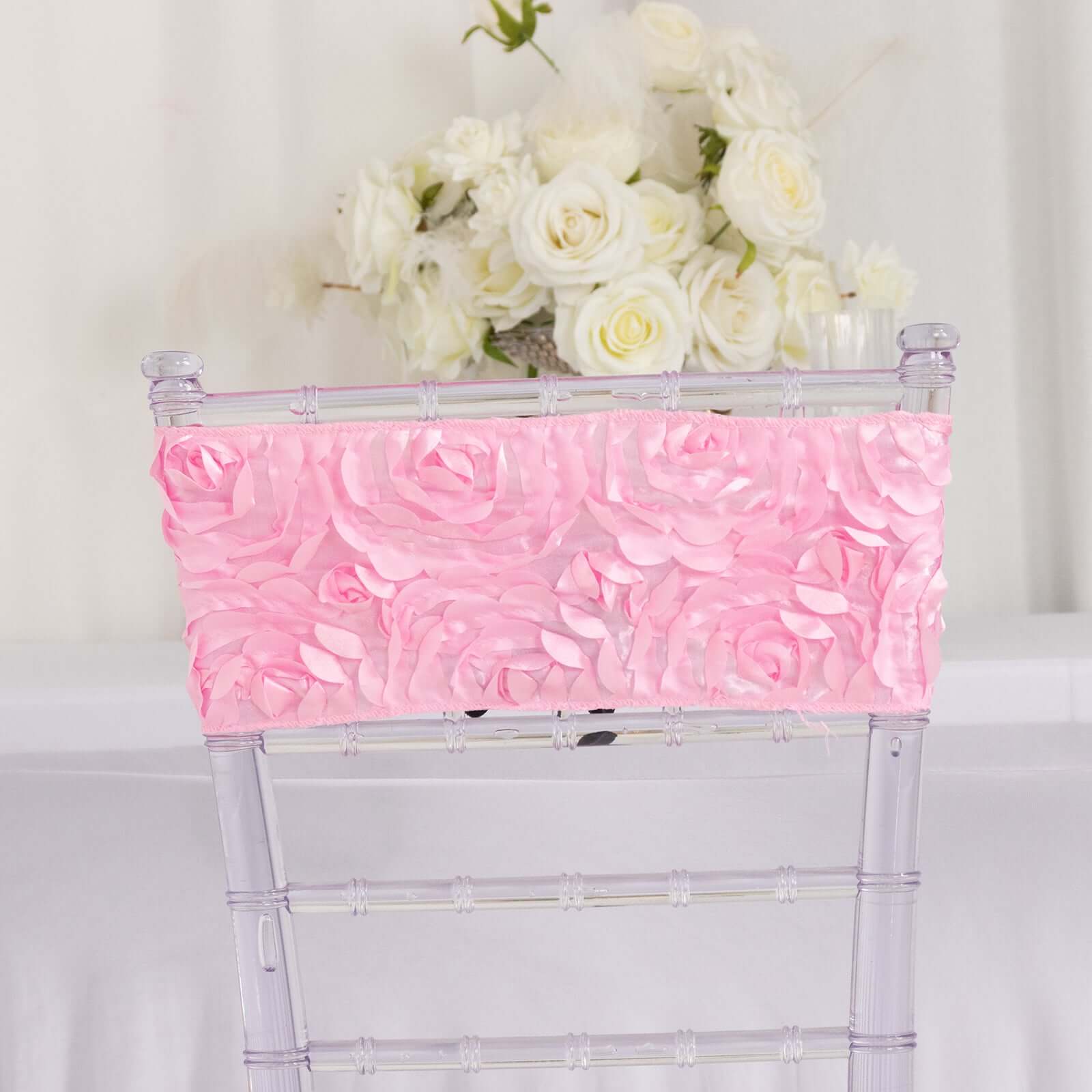 5 Pack Satin Spandex Chair Sashes Pink - Rosette Design Stretch Chair Bands 6"x14" - Linen Luxes