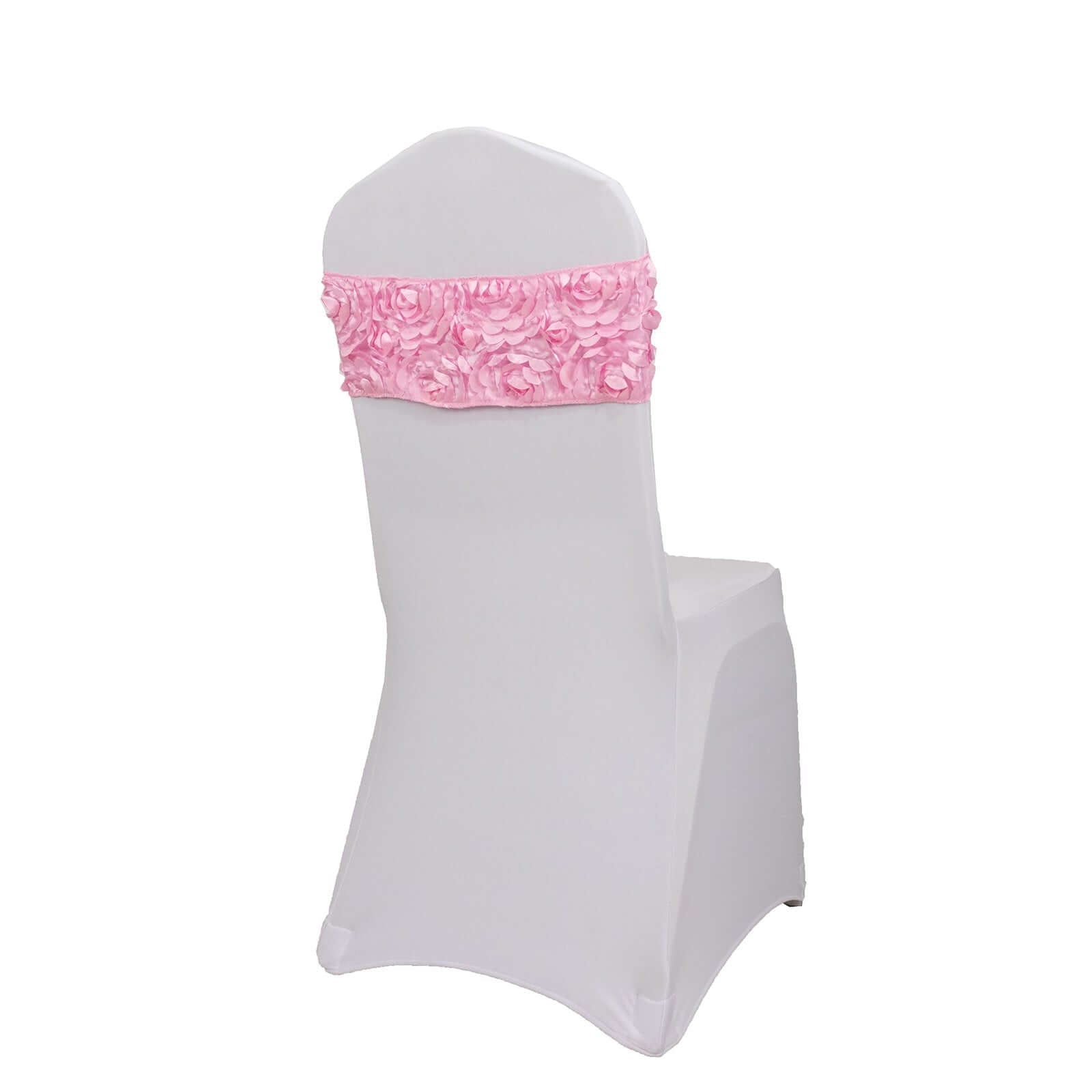 5 Pack Satin Spandex Chair Sashes Pink - Rosette Design Stretch Chair Bands 6"x14" - Linen Luxes