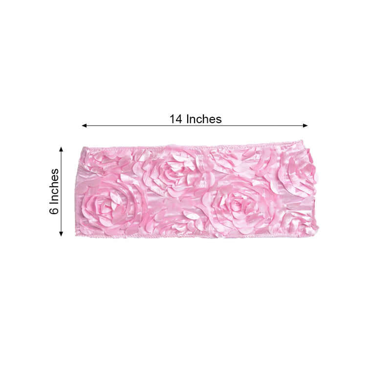 5 Pack Satin Spandex Chair Sashes Pink - Rosette Design Stretch Chair Bands 6"x14" - Linen Luxes