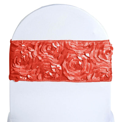5 Pack Satin Spandex Chair Sashes Red - Rosette Design Stretch Chair Bands 6"x14" - Linen Luxes