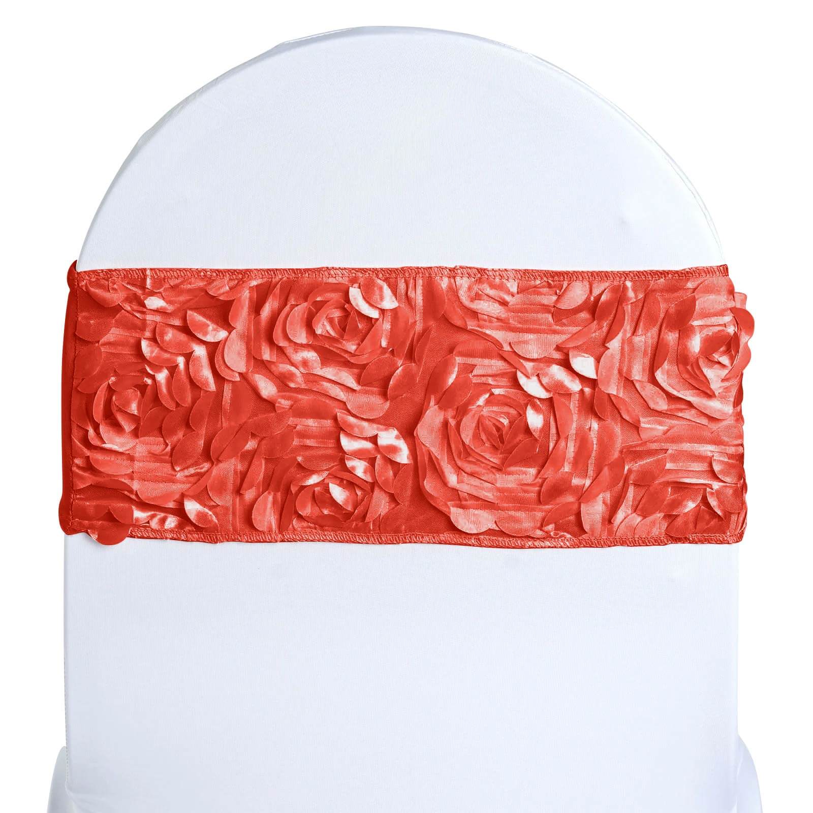 5 Pack Satin Spandex Chair Sashes Red - Rosette Design Stretch Chair Bands 6"x14" - Linen Luxes