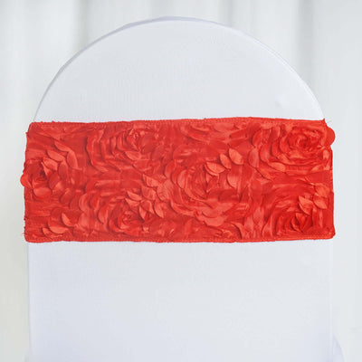 5 Pack Satin Spandex Chair Sashes Red - Rosette Design Stretch Chair Bands 6"x14" - Linen Luxes