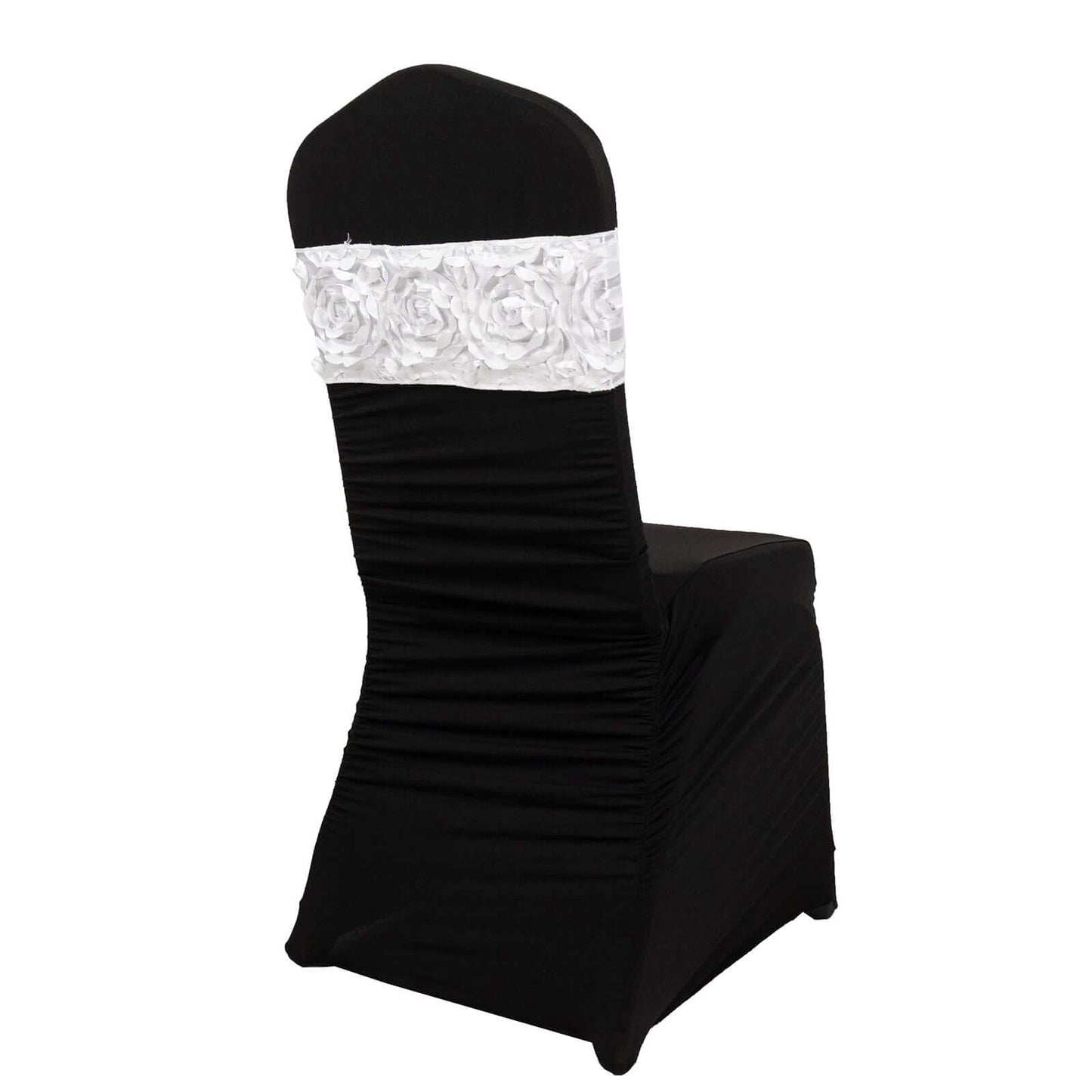 5 Pack Satin Spandex Chair Sashes White - Exquisite Rosette Design Stretch Chair Bands 6"x14" - Linen Luxes