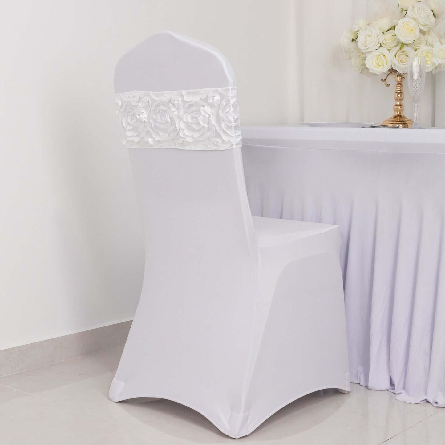 5 Pack Satin Spandex Chair Sashes White - Exquisite Rosette Design Stretch Chair Bands 6"x14" - Linen Luxes
