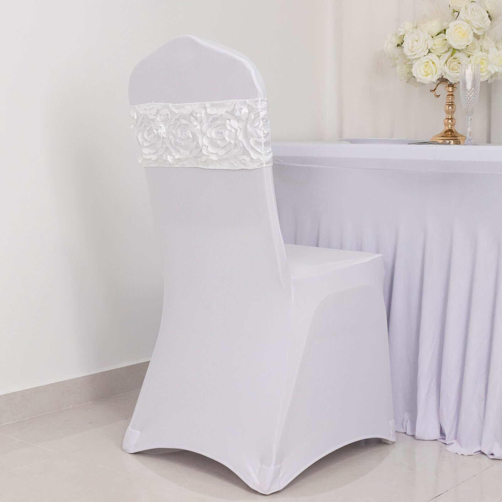 5 Pack Satin Spandex Chair Sashes White - Exquisite Rosette Design Stretch Chair Bands 6"x14" - Linen Luxes