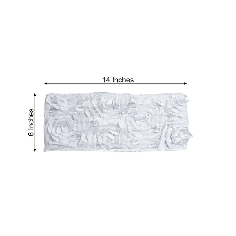 5 Pack Satin Spandex Chair Sashes White - Exquisite Rosette Design Stretch Chair Bands 6"x14" - Linen Luxes