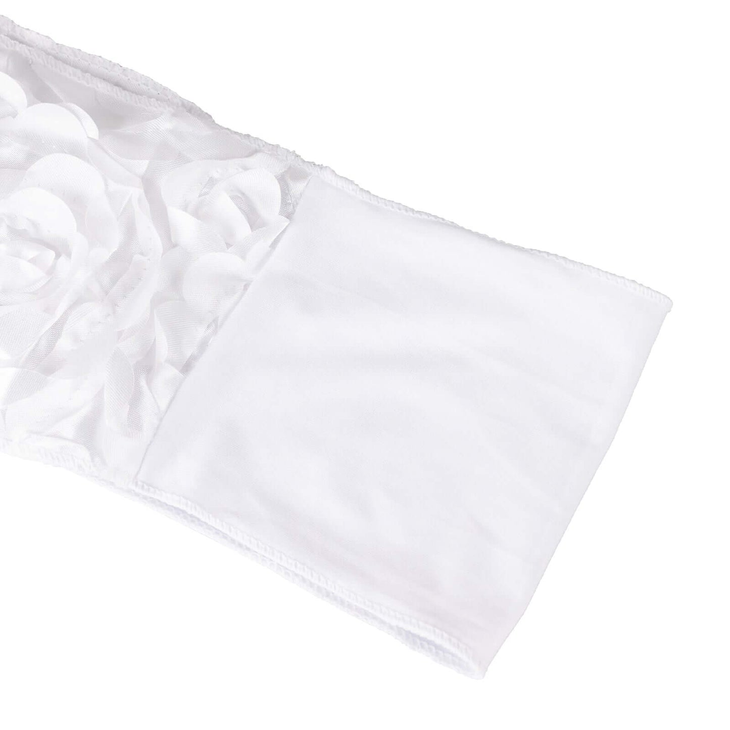 5 Pack Satin Spandex Chair Sashes White - Exquisite Rosette Design Stretch Chair Bands 6"x14" - Linen Luxes