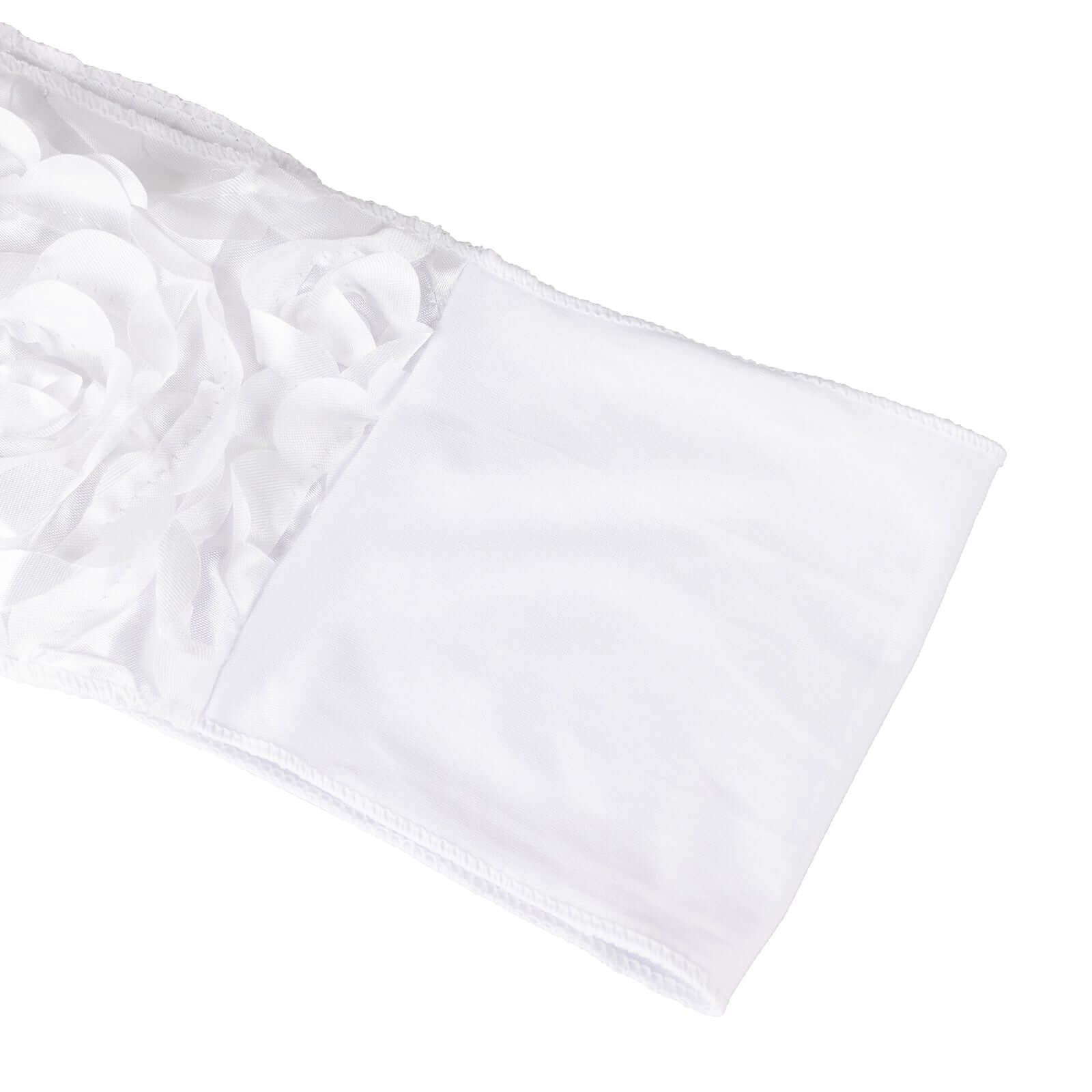 5 Pack Satin Spandex Chair Sashes White - Exquisite Rosette Design Stretch Chair Bands 6"x14" - Linen Luxes
