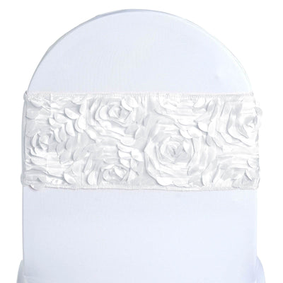 5 Pack Satin Spandex Chair Sashes White - Exquisite Rosette Design Stretch Chair Bands 6"x14" - Linen Luxes