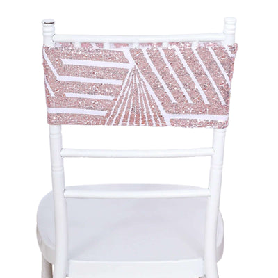 5 Pack Sequin Spandex Chair Sash White with Rose Gold Geometric Diamond Glitz Pattern - Durable & Easy To Use Stretchable Chair Bands