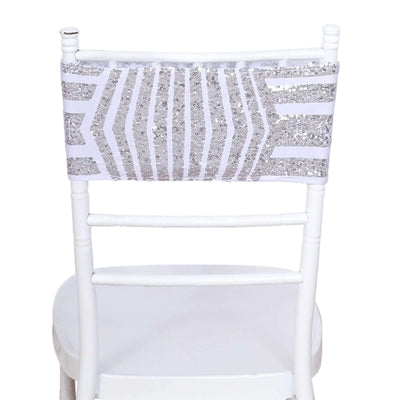 5 Pack Sequin Spandex Chair Sash White with Silver Geometric Diamond Glitz Pattern - Durable & Easy To Use Stretchable Chair Bands