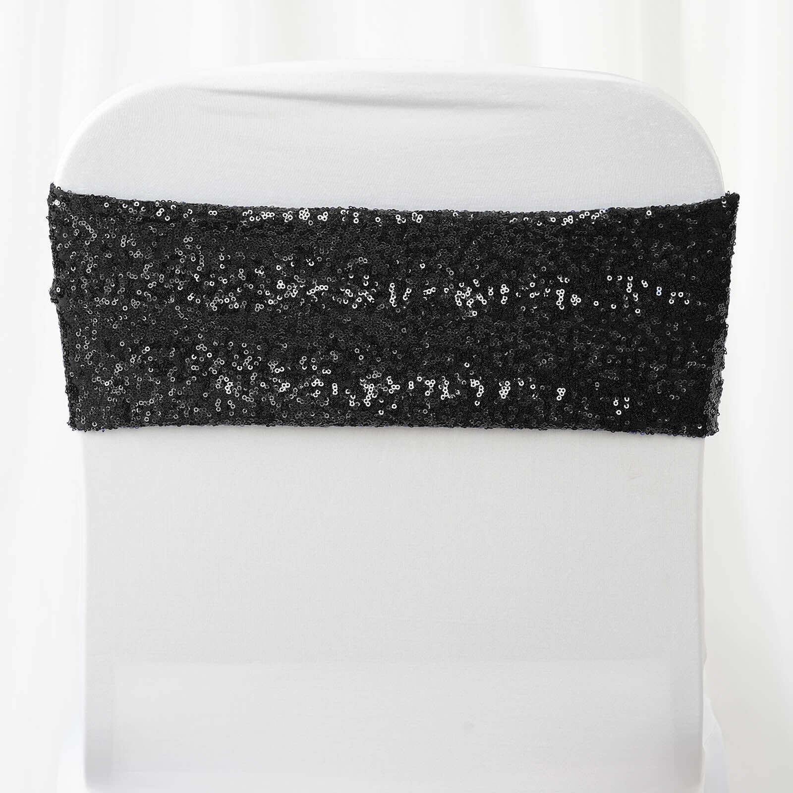 5 Pack Sequin Spandex Chair Sashes Black - Sparkly Stretch Chair Bands for Glamorous Events 6"x15" - Linen Luxes