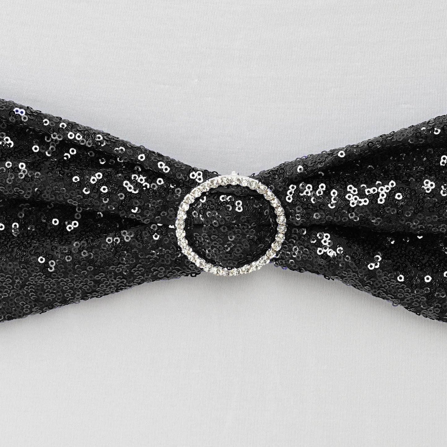 5 Pack Sequin Spandex Chair Sashes Black - Sparkly Stretch Chair Bands for Glamorous Events 6"x15" - Linen Luxes