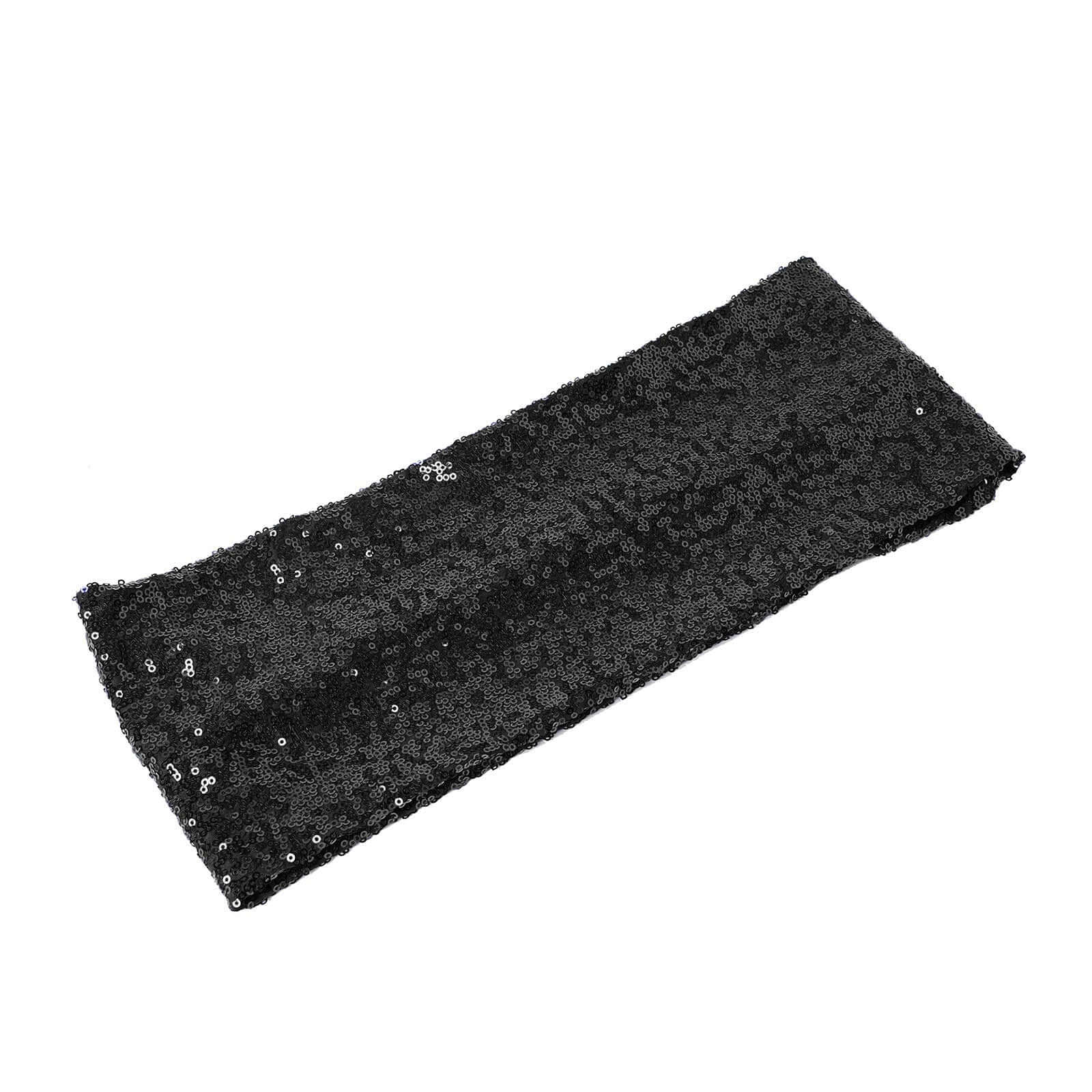 5 Pack Sequin Spandex Chair Sashes Black - Sparkly Stretch Chair Bands for Glamorous Events 6"x15" - Linen Luxes
