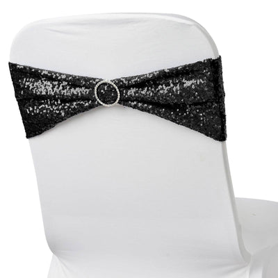5 Pack Sequin Spandex Chair Sashes Black - Sparkly Stretch Chair Bands for Glamorous Events 6"x15" - Linen Luxes