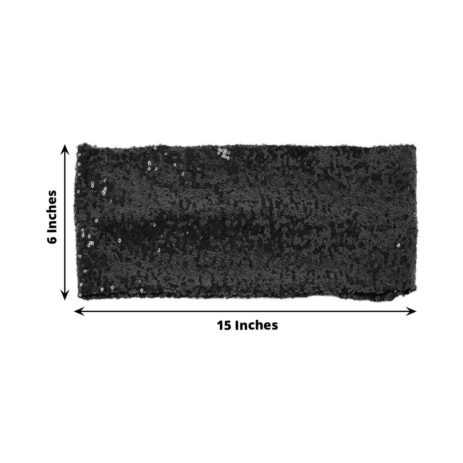 5 Pack Sequin Spandex Chair Sashes Black - Sparkly Stretch Chair Bands for Glamorous Events 6"x15" - Linen Luxes