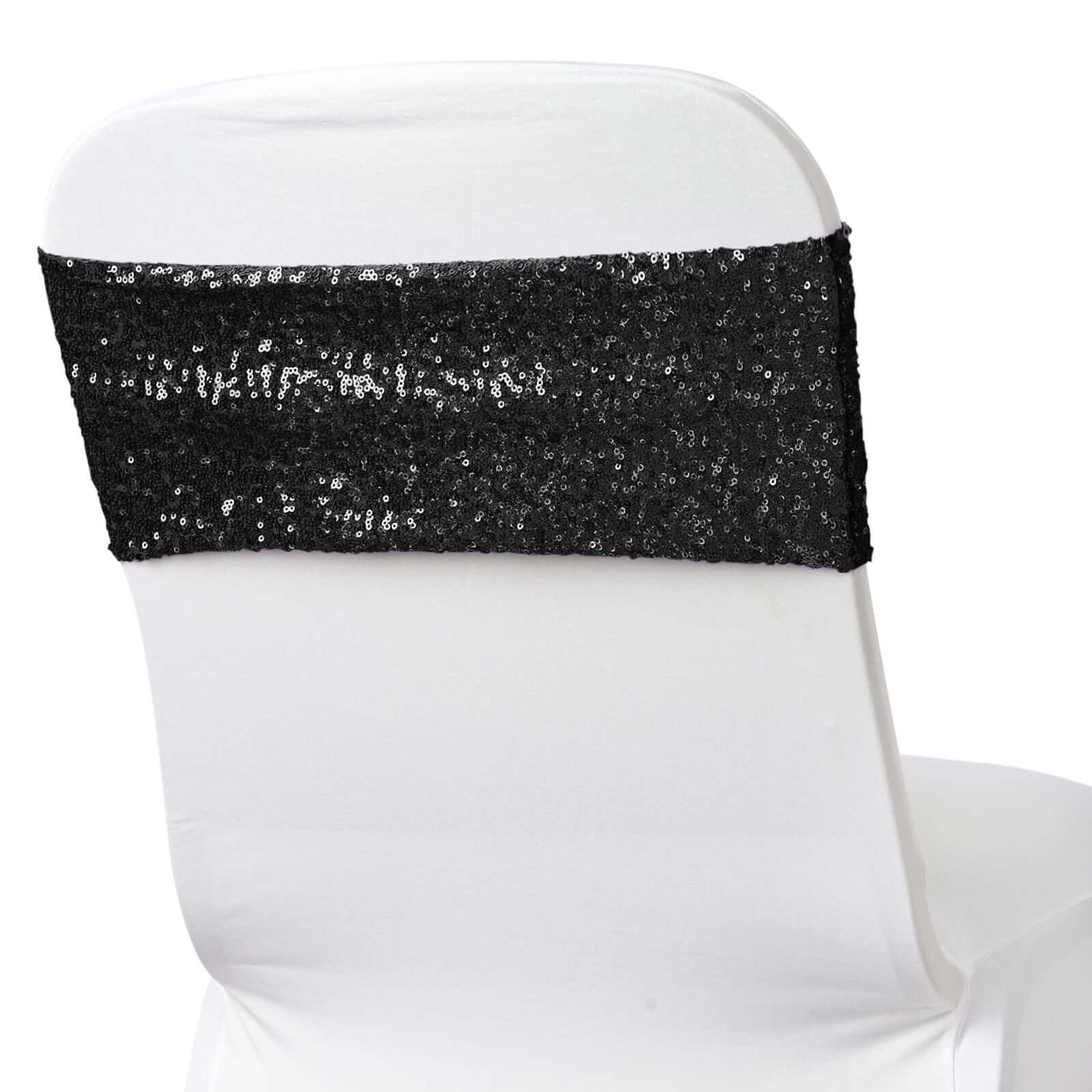 5 Pack Sequin Spandex Chair Sashes Black - Sparkly Stretch Chair Bands for Glamorous Events 6"x15" - Linen Luxes