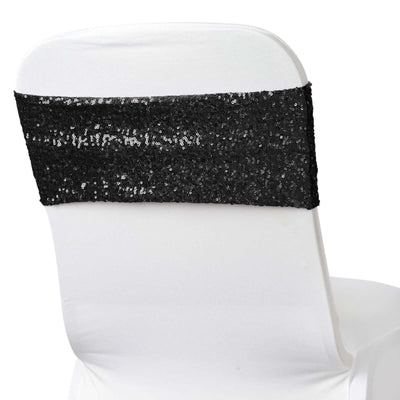 5 Pack Sequin Spandex Chair Sashes Black - Sparkly Stretch Chair Bands for Glamorous Events 6"x15" - Linen Luxes