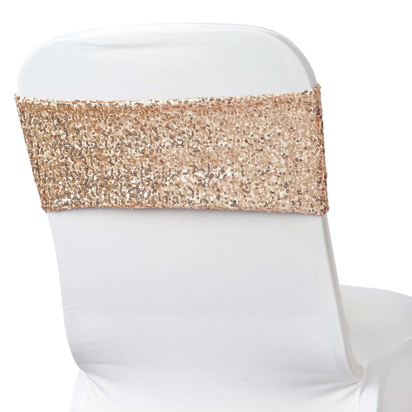 5 Pack Sequin Spandex Chair Sashes Blush - Stretch Chair Bands 6"x15" - Linen Luxes