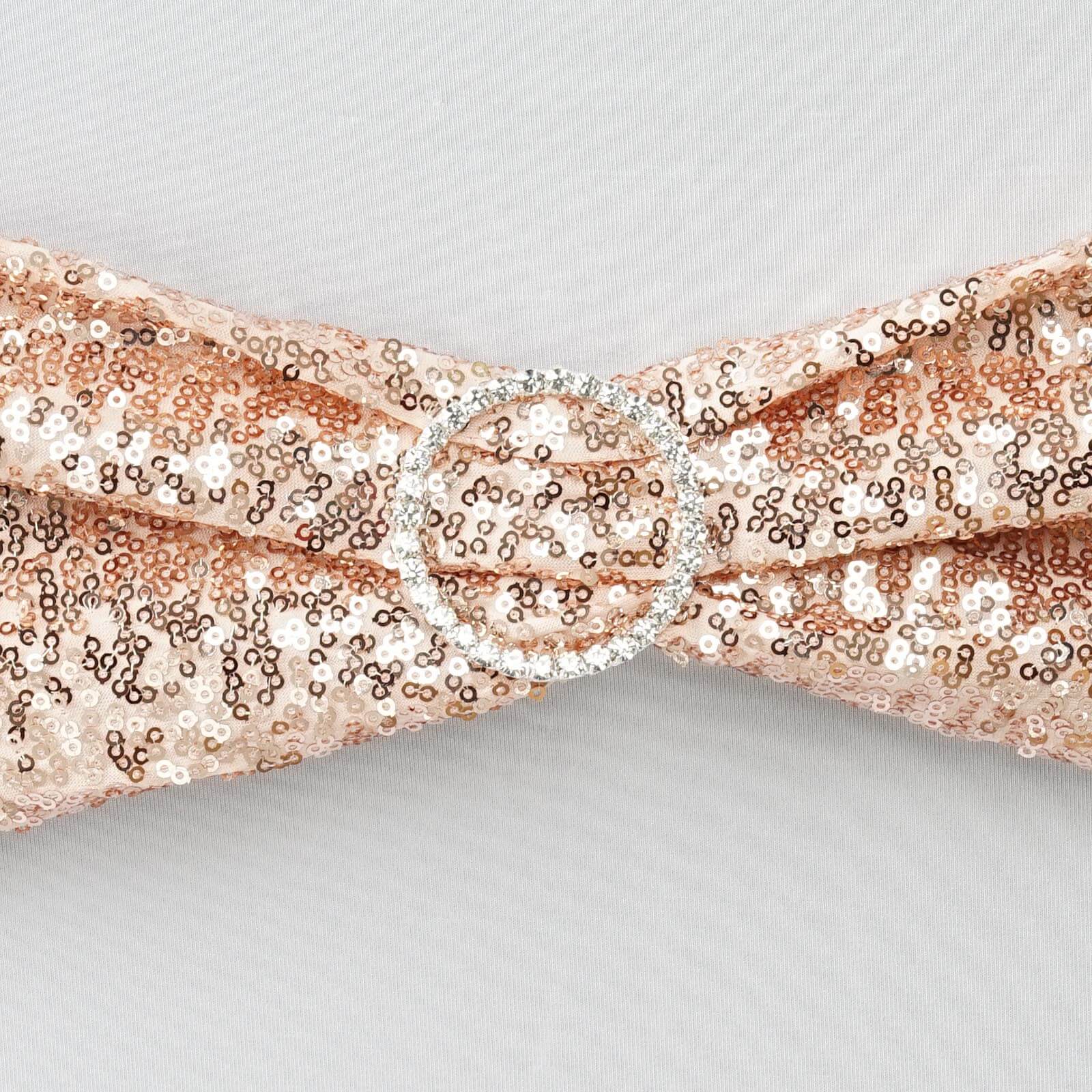 5 Pack Sequin Spandex Chair Sashes Blush - Stretch Chair Bands 6"x15" - Linen Luxes