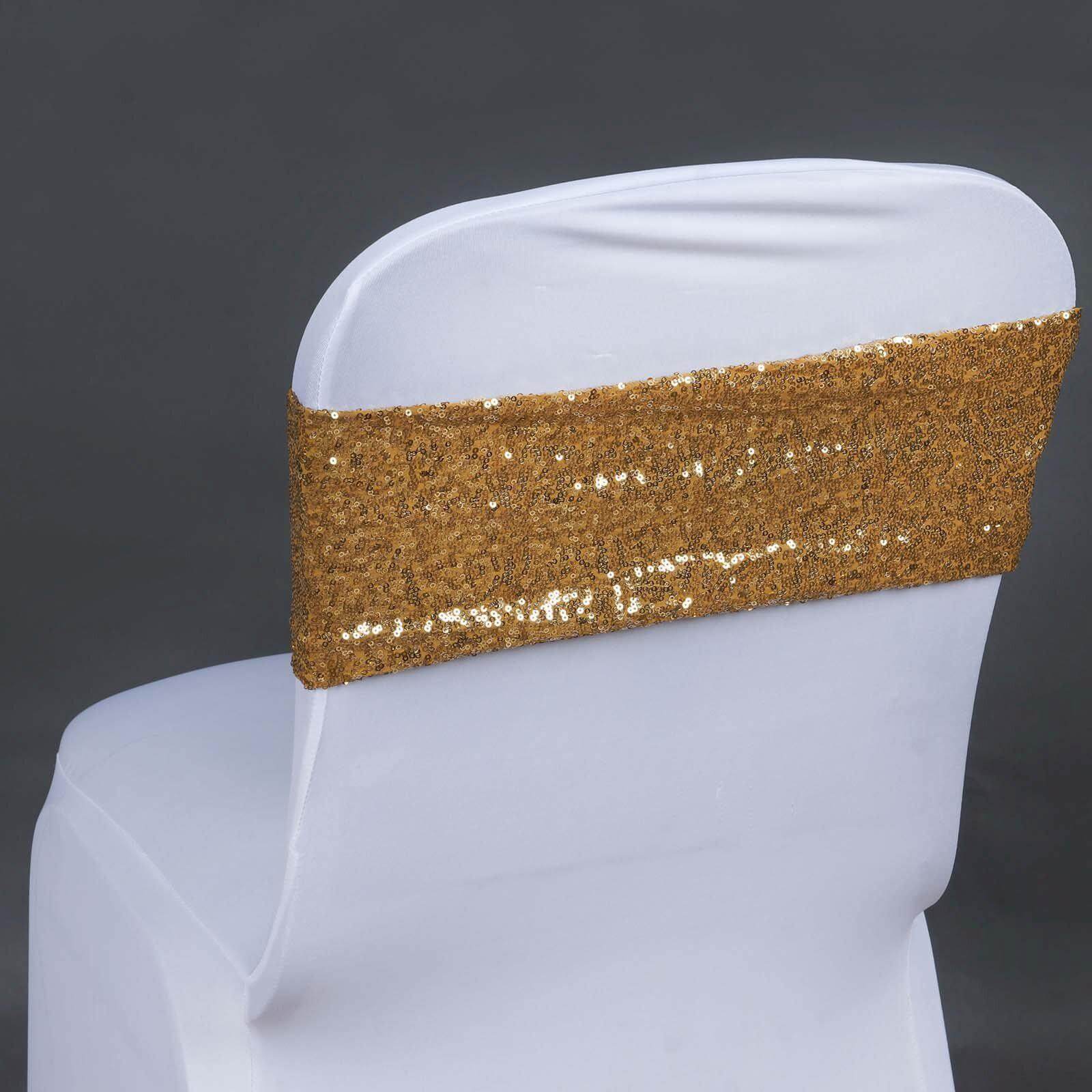 5 Pack Sequin Spandex Chair Sashes Gold - Sparkly Stretch Chair Bands for Glamorous Events 6"x15" - Linen Luxes