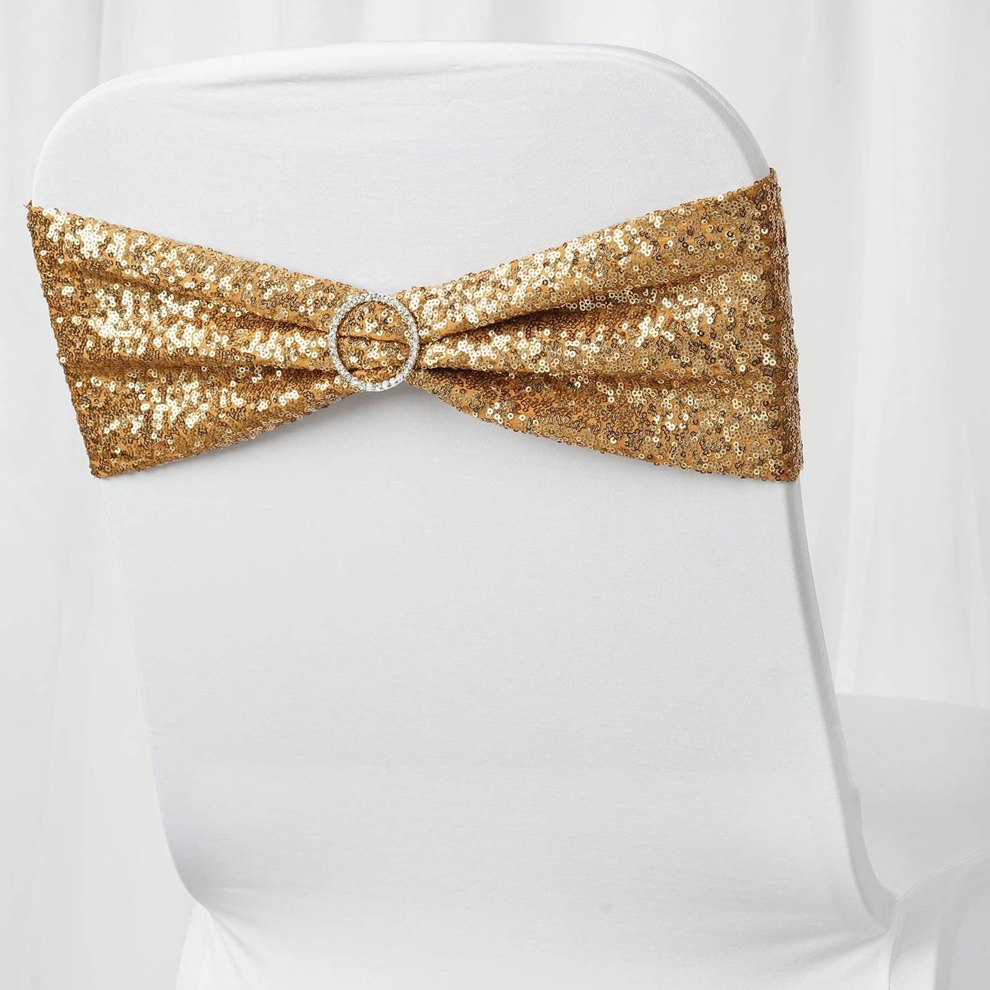 5 Pack Sequin Spandex Chair Sashes Gold - Sparkly Stretch Chair Bands for Glamorous Events 6"x15" - Linen Luxes