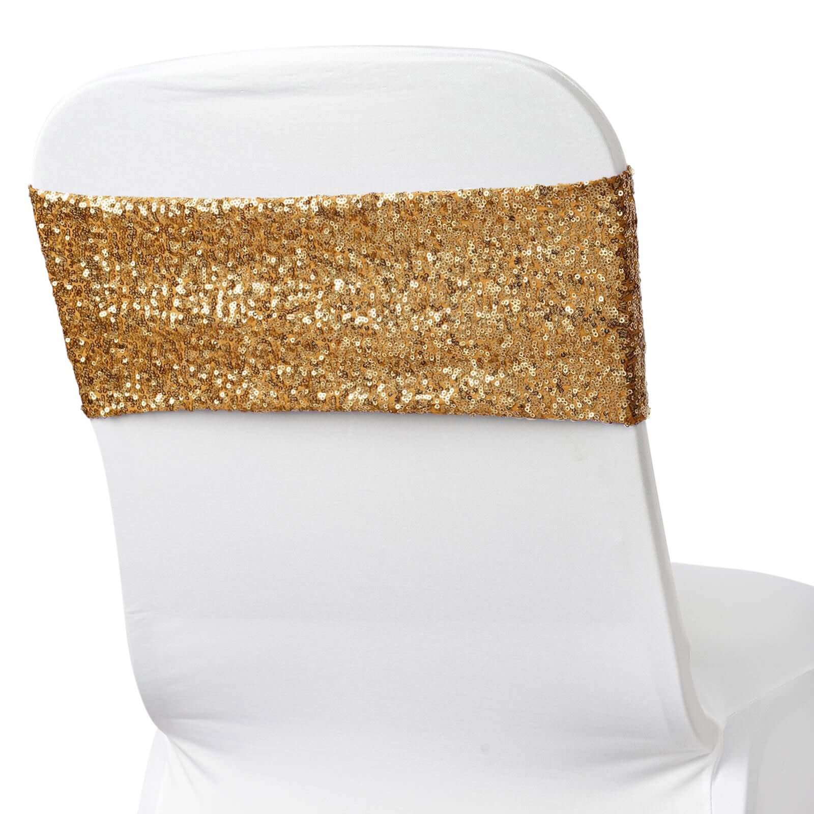 5 Pack Sequin Spandex Chair Sashes Gold - Sparkly Stretch Chair Bands for Glamorous Events 6"x15" - Linen Luxes