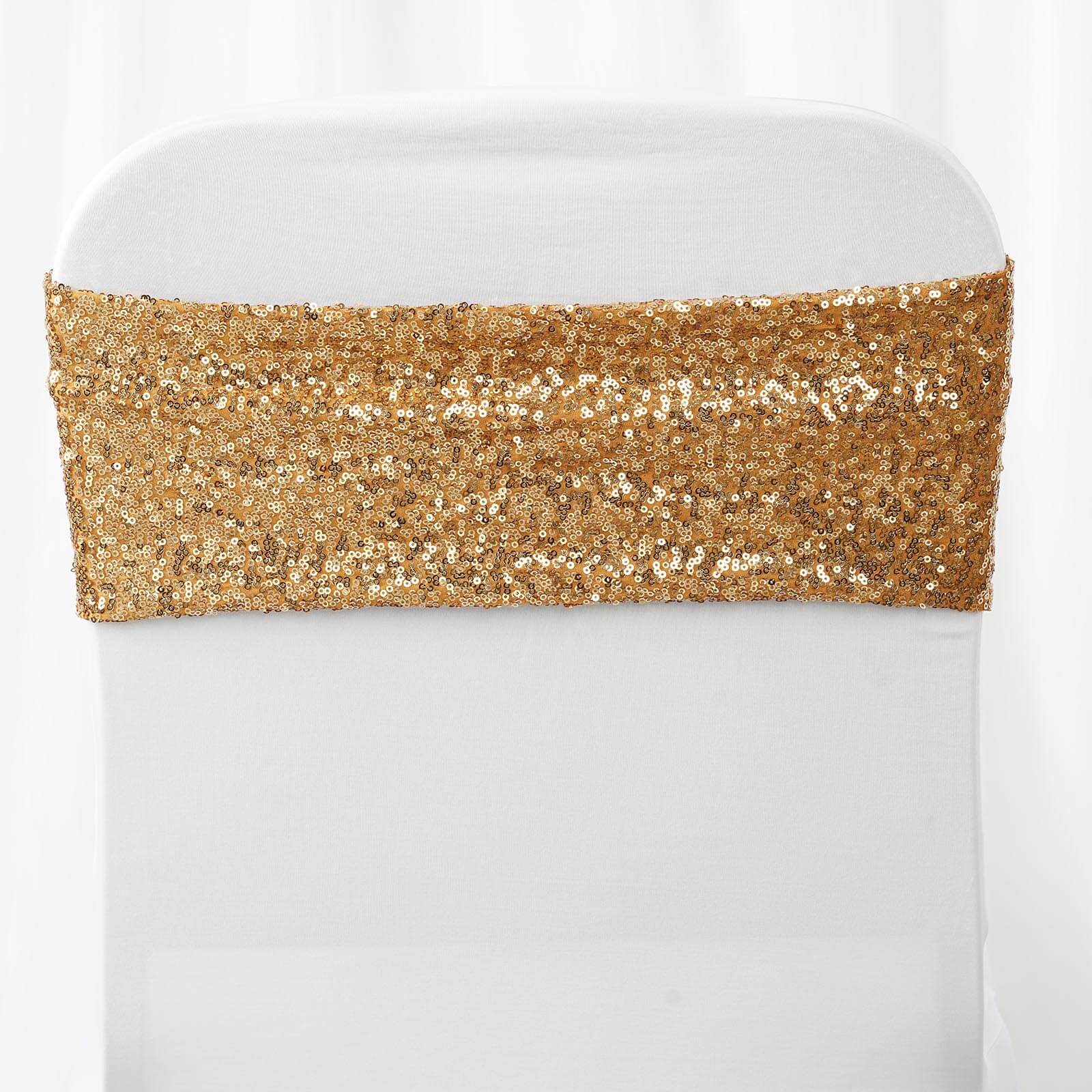 5 Pack Sequin Spandex Chair Sashes Gold - Sparkly Stretch Chair Bands for Glamorous Events 6"x15" - Linen Luxes