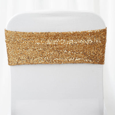 5 Pack Sequin Spandex Chair Sashes Gold - Sparkly Stretch Chair Bands for Glamorous Events 6"x15" - Linen Luxes