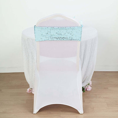5 Pack Sequin Spandex Chair Sashes Light Blue - Stretch Chair Bands 6"x15" - Linen Luxes