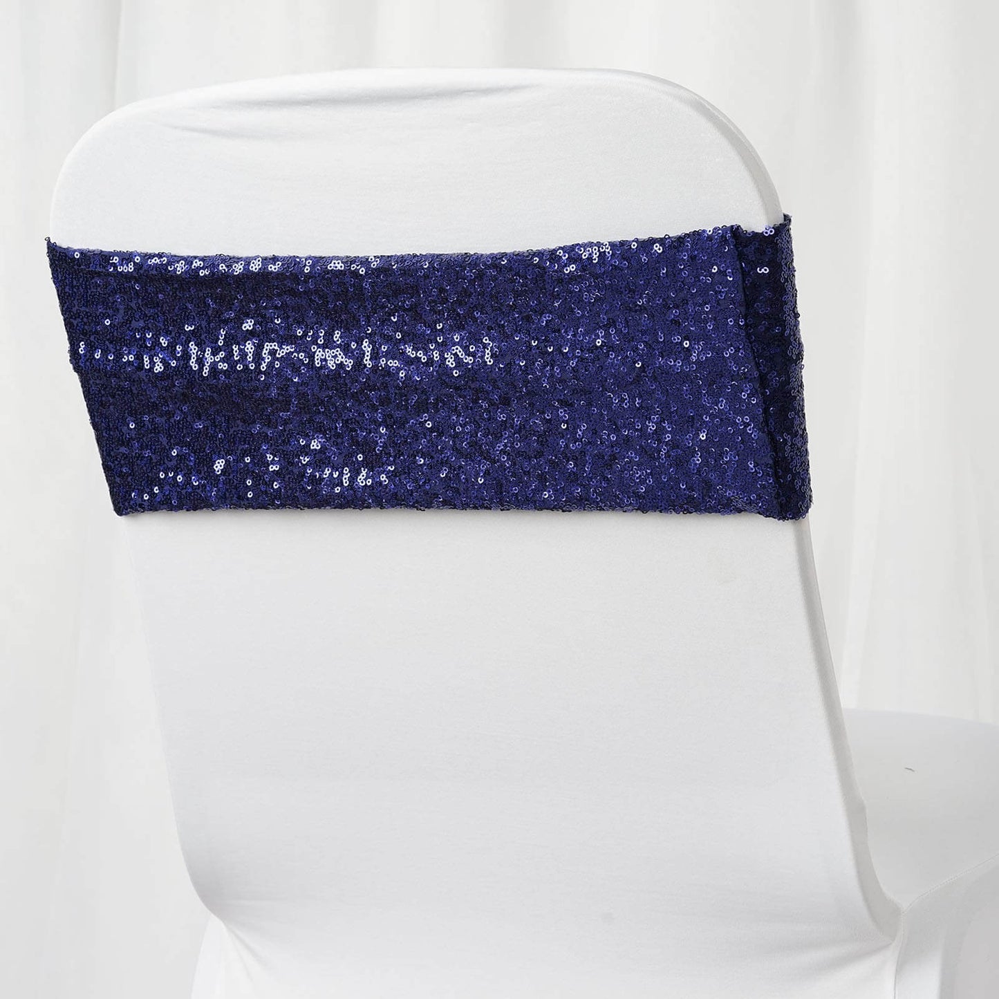 5 Pack Sequin Spandex Chair Sashes Navy Blue - Stretch Chair Bands 6"x15" - Linen Luxes