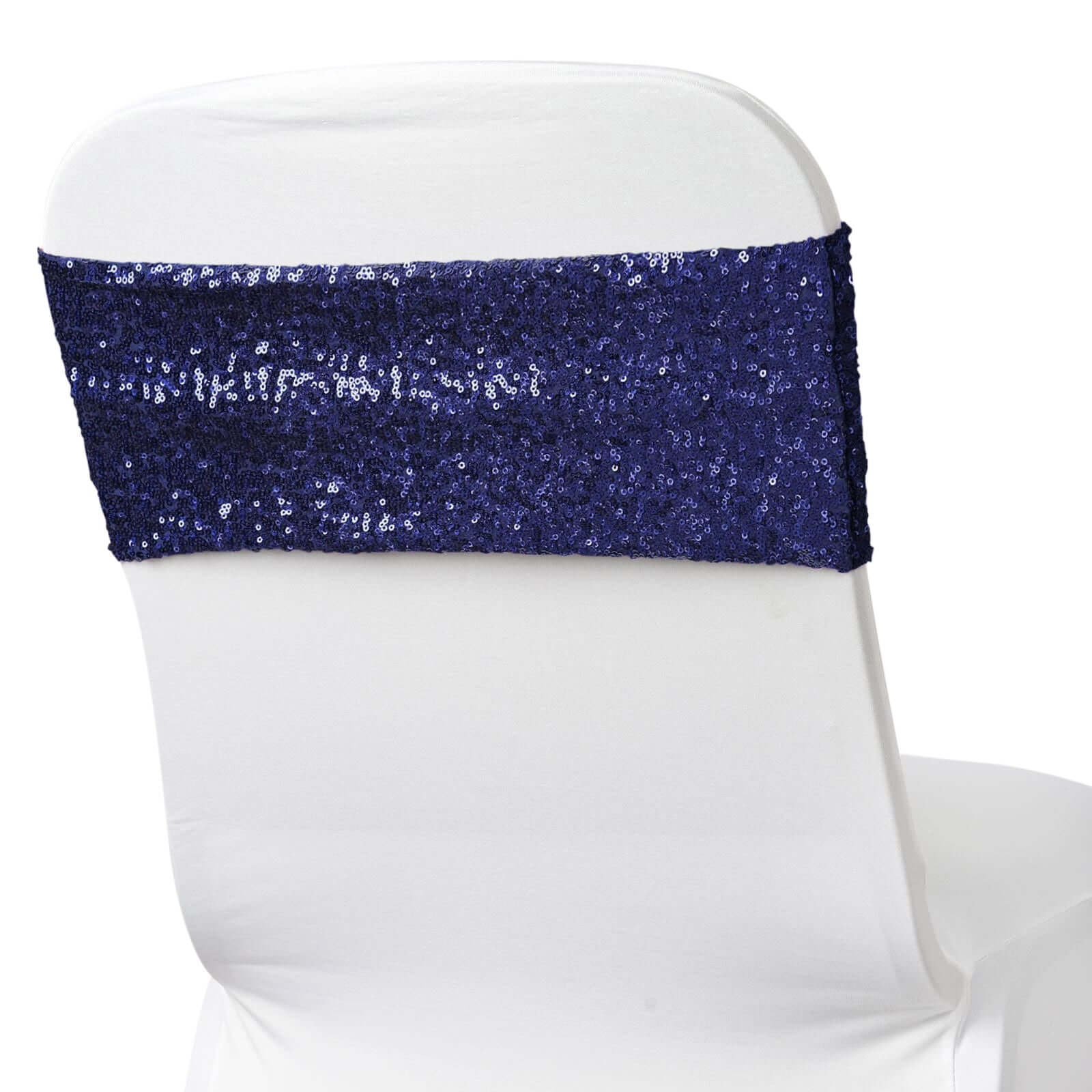 5 Pack Sequin Spandex Chair Sashes Navy Blue - Stretch Chair Bands 6"x15" - Linen Luxes