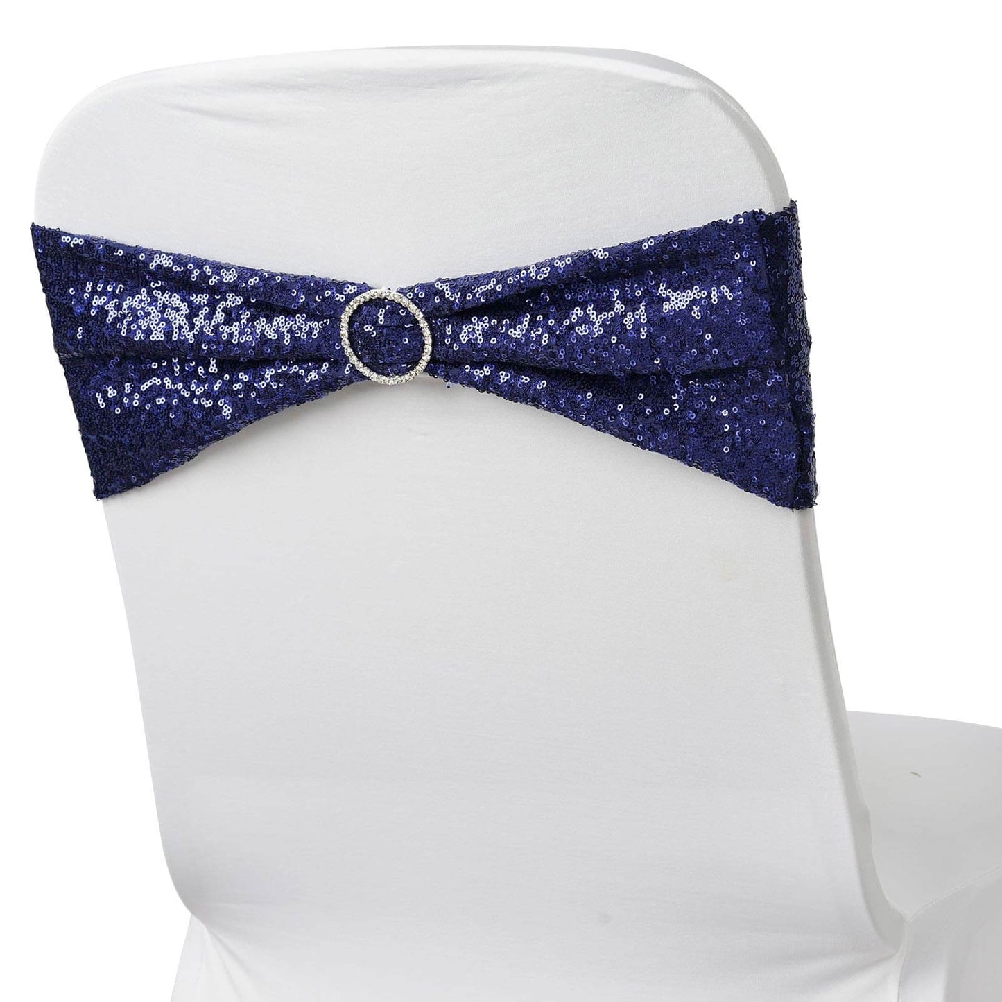 5 Pack Sequin Spandex Chair Sashes Navy Blue - Stretch Chair Bands 6"x15" - Linen Luxes
