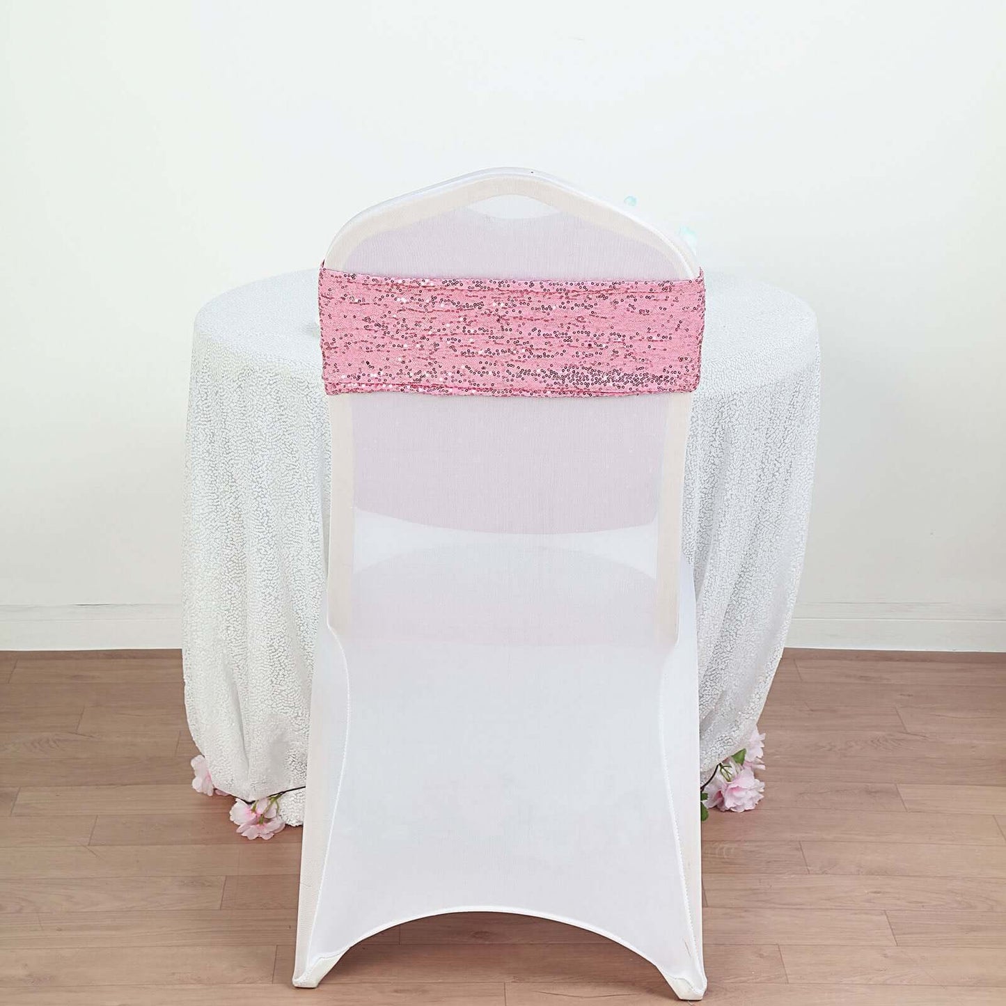 5 Pack Sequin Spandex Chair Sashes Pink - Stretch Chair Bands 6"x15" - Linen Luxes