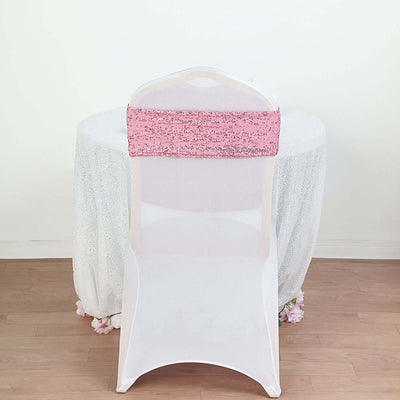 5 Pack Sequin Spandex Chair Sashes Pink - Stretch Chair Bands 6"x15" - Linen Luxes