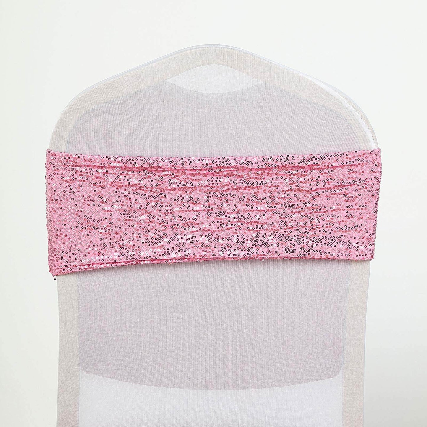 5 Pack Sequin Spandex Chair Sashes Pink - Stretch Chair Bands 6"x15" - Linen Luxes