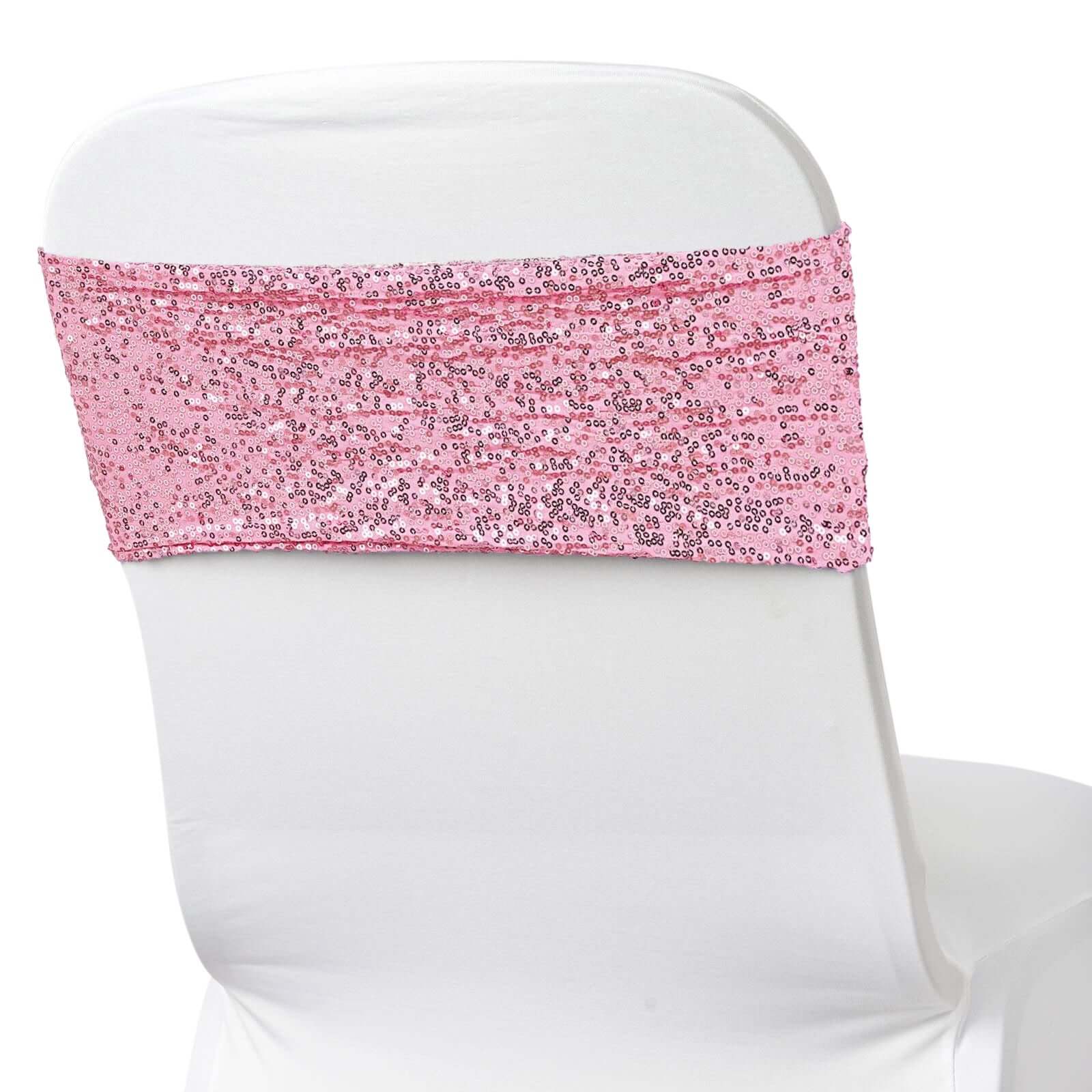 5 Pack Sequin Spandex Chair Sashes Pink - Stretch Chair Bands 6"x15" - Linen Luxes