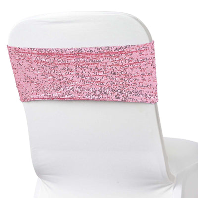 5 Pack Sequin Spandex Chair Sashes Pink - Stretch Chair Bands 6"x15" - Linen Luxes