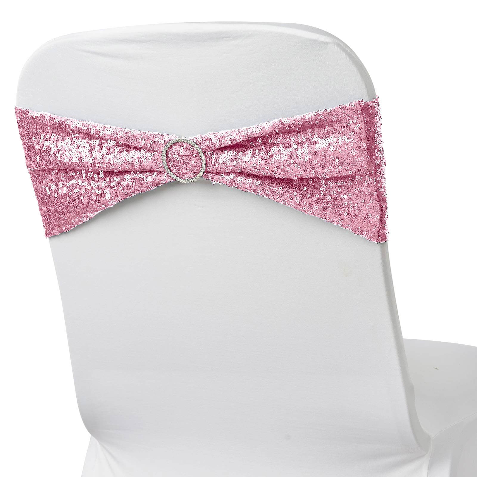 5 Pack Sequin Spandex Chair Sashes Pink - Stretch Chair Bands 6"x15" - Linen Luxes