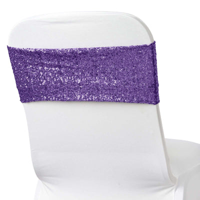 5 Pack Sequin Spandex Chair Sashes Purple - Stretch Chair Bands 6"x15" - Linen Luxes